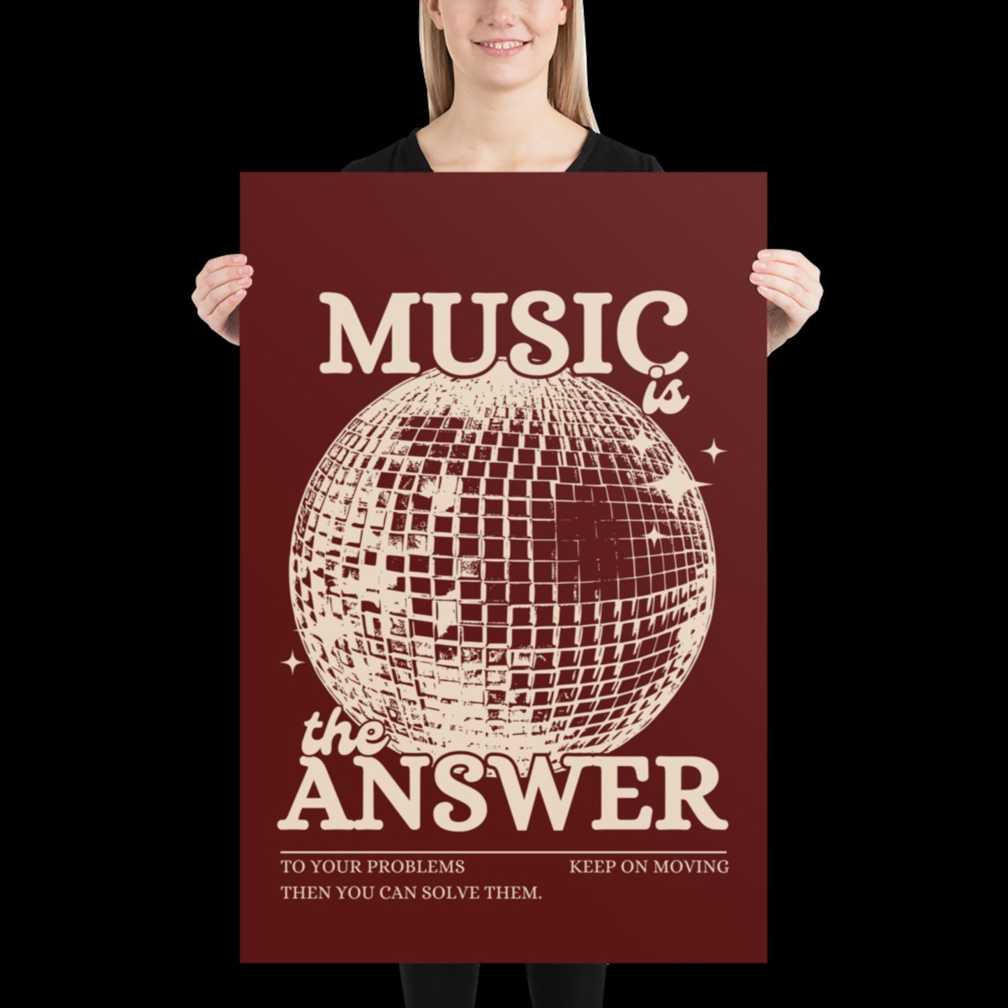 Music is the Answer Cherry Red and Beige Disco Ball Wall Print - Ibiza Colourful Funny Cute Birthday Christmas Gift Unique Leopard Cocktail