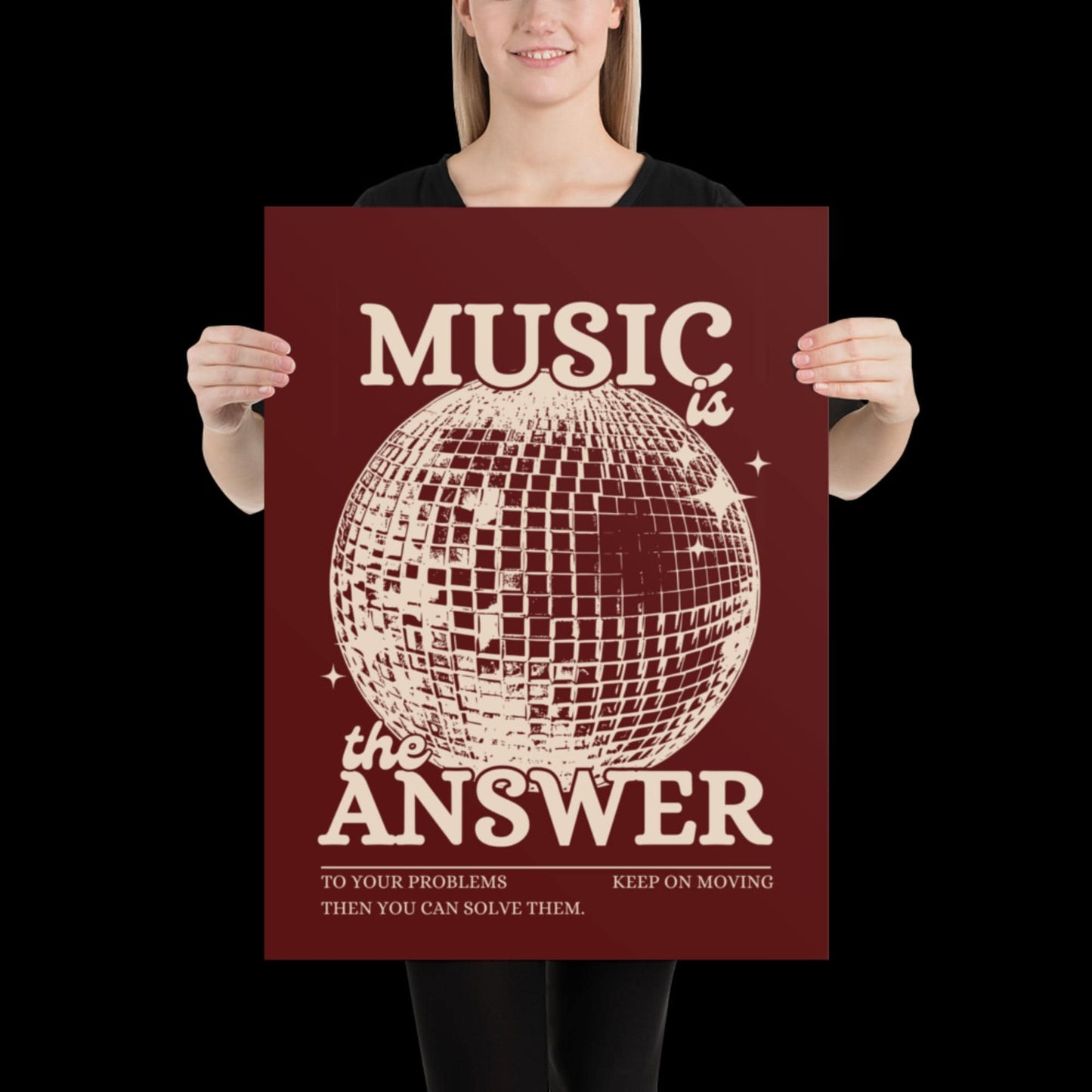 Music is the Answer Cherry Red and Beige Disco Ball Wall Print - Ibiza Colourful Funny Cute Birthday Christmas Gift Unique Leopard Cocktail