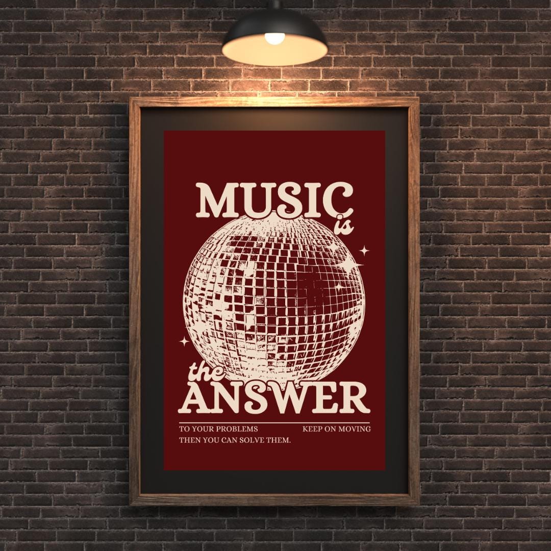 Music is the Answer Cherry Red and Beige Disco Ball Wall Print - Ibiza Colourful Funny Cute Birthday Christmas Gift Unique Leopard Cocktail