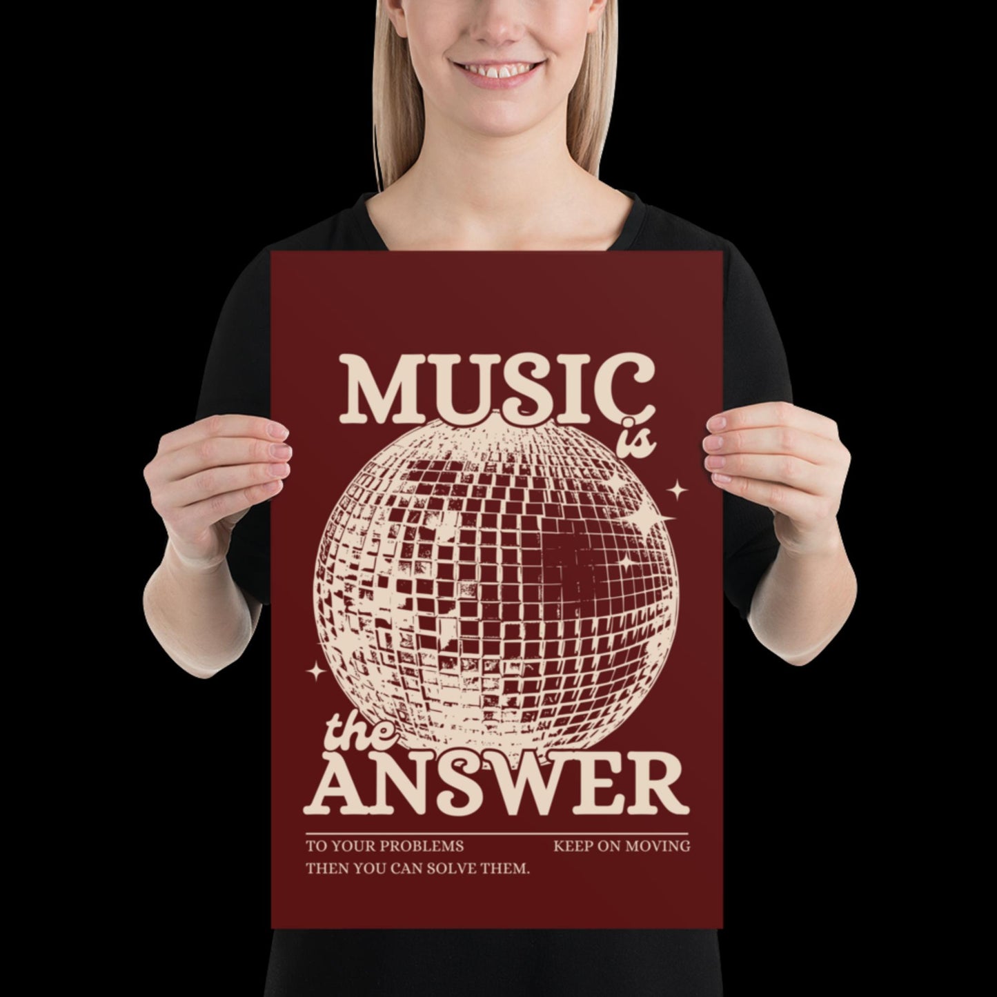 Music is the Answer Cherry Red and Beige Disco Ball Wall Print - Ibiza Colourful Funny Cute Birthday Christmas Gift Unique Leopard Cocktail