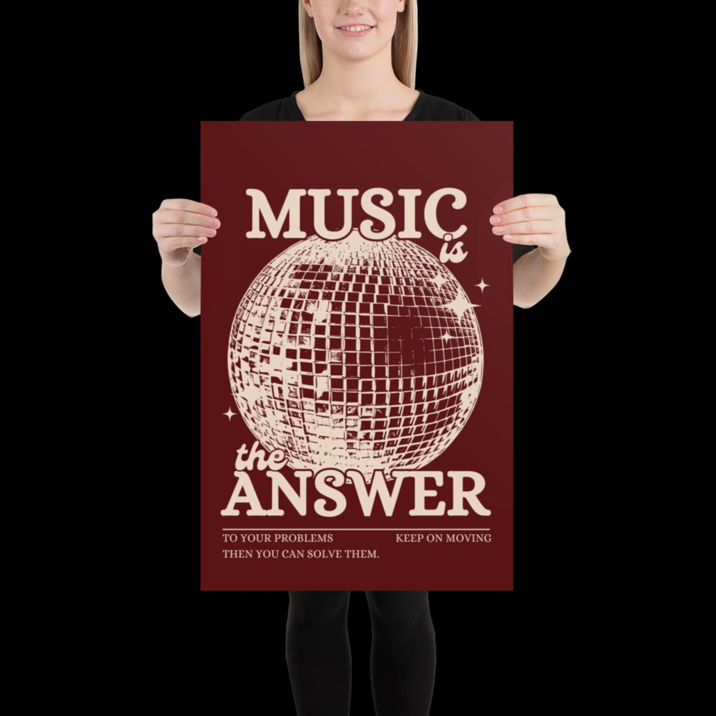 Music is the Answer Cherry Red and Beige Disco Ball Wall Print - Ibiza Colourful Funny Cute Birthday Christmas Gift Unique Leopard Cocktail