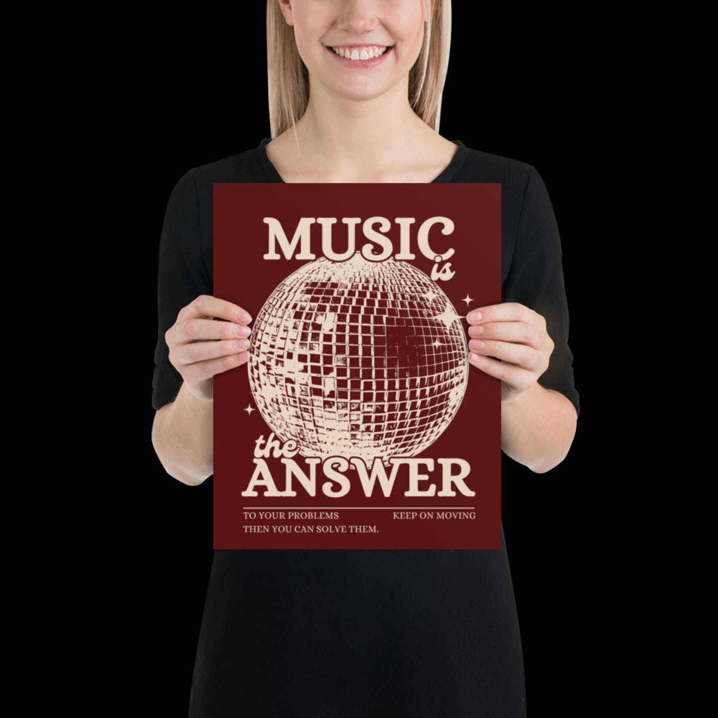 Music is the Answer Cherry Red and Beige Disco Ball Wall Print - Ibiza Colourful Funny Cute Birthday Christmas Gift Unique Leopard Cocktail