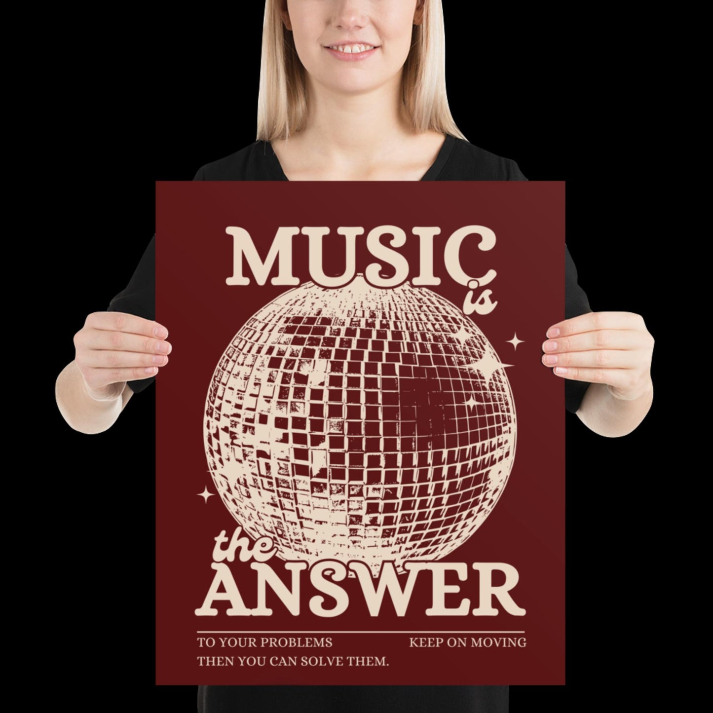 Music is the Answer Cherry Red and Beige Disco Ball Wall Print - Ibiza Colourful Funny Cute Birthday Christmas Gift Unique Leopard Cocktail