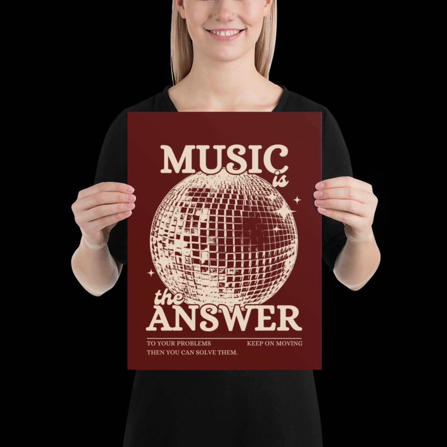 Music is the Answer Cherry Red and Beige Disco Ball Wall Print - Ibiza Colourful Funny Cute Birthday Christmas Gift Unique Leopard Cocktail