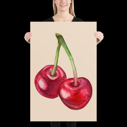 Watercolour Cherries Wall Print - Fruit Ibiza Colourful Funny Cute Birthday Christmas Gift Unique Printed Cowboy Leopard