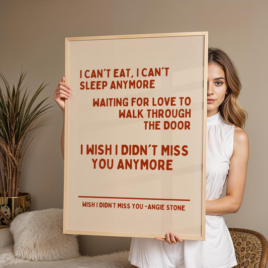 Wish I Didn't Miss You Angie Stone Inspired Print - Beige and Red - Lyric Ibiza Bold Typographic Colourful House Music Poster Groovy Disco