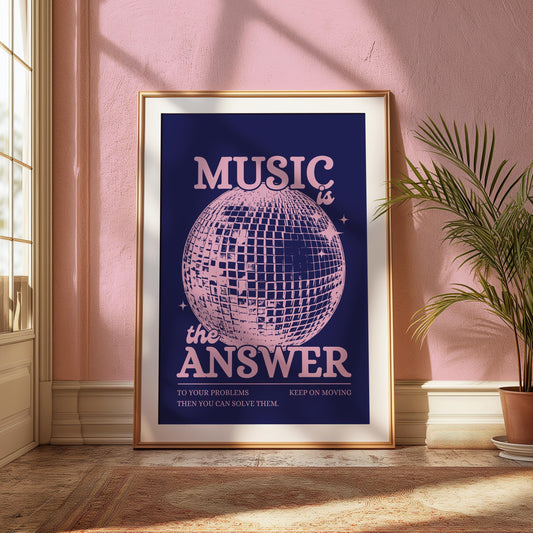 Music is the Answer Navy Blue and Pink Disco Ball Wall Print - Ibiza Colourful Funny Cute Birthday Christmas Gift Unique Leopard Cocktail