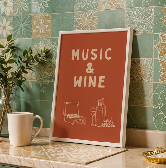 Music and Wine Orange and Beige Wall Print -  Ibiza Colourful Funny Cute Birthday Art Gift Unique Funky House Music Poster Lyrics Kitchen