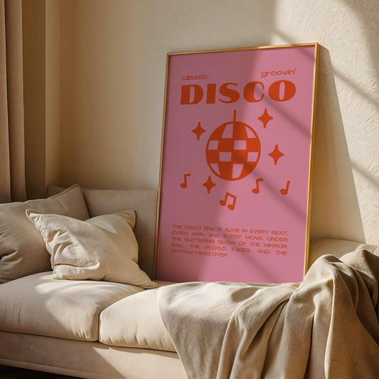 Disco Graphic Pink and Orange Monochrome Wall Print - Ibiza Colourful Funny Cute Birthday Art Gift Unique Funky House Music Poster Lyrics