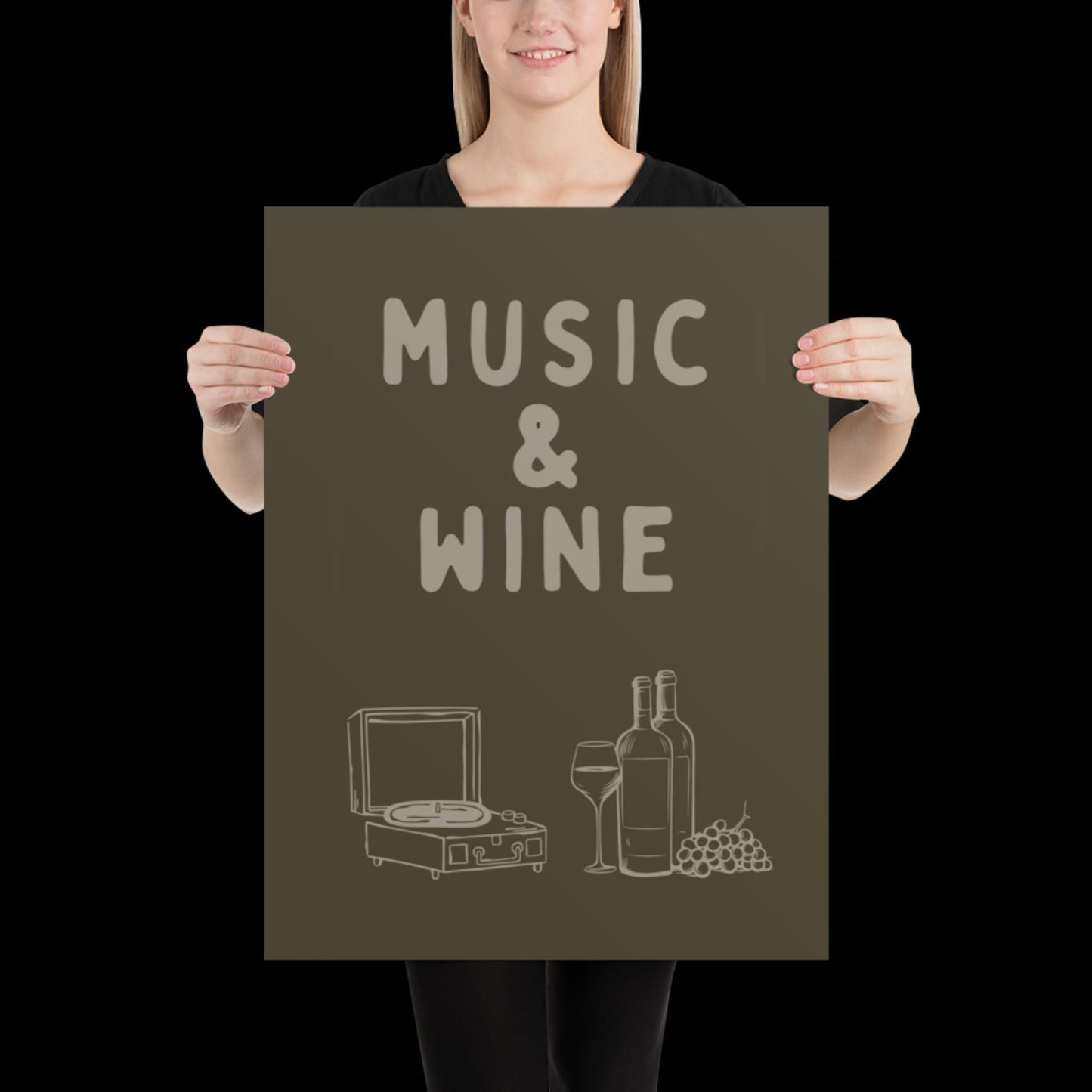 Music and Wine Khaki Green Wall Print -  Ibiza Colourful Funny Cute Birthday Art Gift Unique Funky House Music Poster Lyrics Kitchen