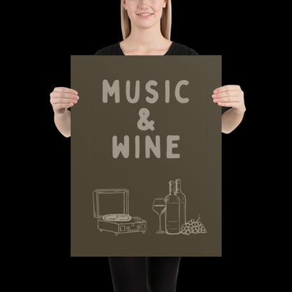 Music and Wine Khaki Green Wall Print -  Ibiza Colourful Funny Cute Birthday Art Gift Unique Funky House Music Poster Lyrics Kitchen