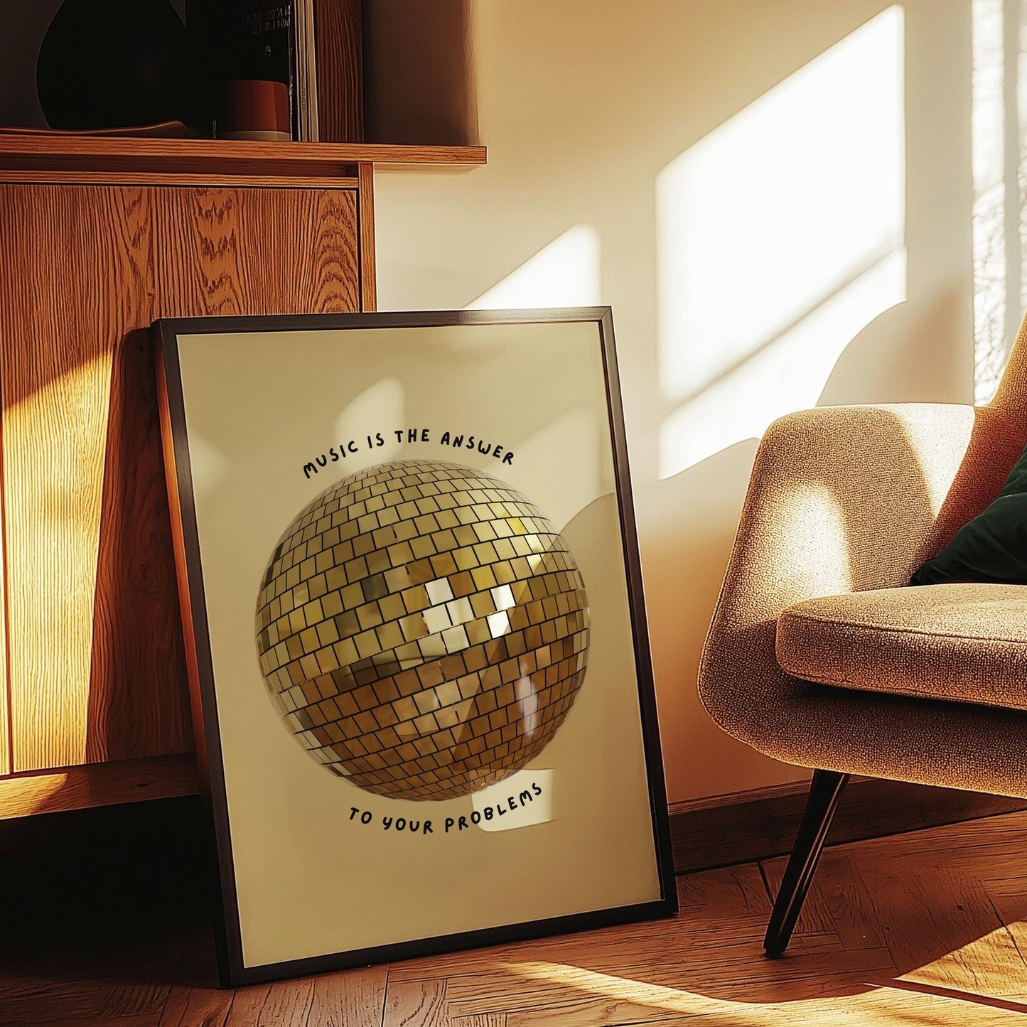 Music is The Answer Gold Disco Ball Wall Print -  Ibiza Colourful Funny Cute Birthday Art Gift Unique Funky House Music Poster Disco