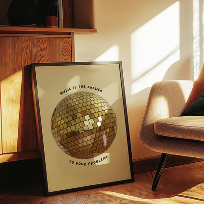 Music is The Answer Gold Disco Ball Wall Print -  Ibiza Colourful Funny Cute Birthday Art Gift Unique Funky House Music Poster Disco