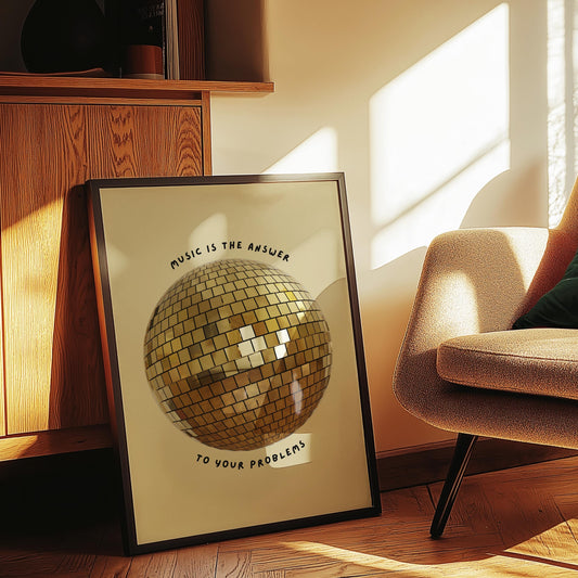 Music is The Answer Gold Disco Ball Wall Print -  Ibiza Colourful Funny Cute Birthday Art Gift Unique Funky House Music Poster Disco