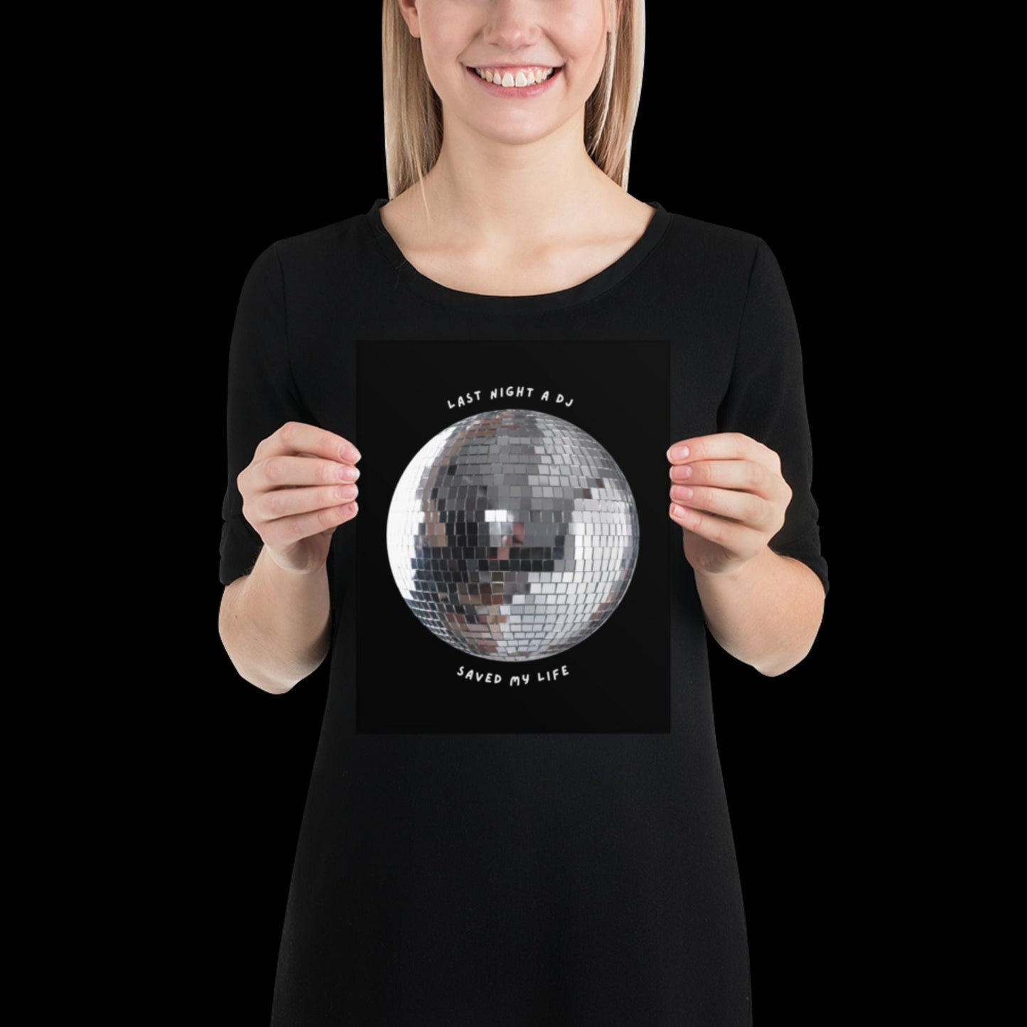 Last Night a DJ Saved My Life Black and White Disco Ball Print - Ibiza Retro Music Poster Wall Art A5 A4 A3 Bold Typographic Gallery