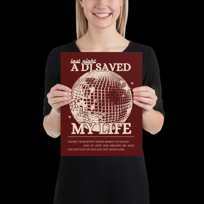 Last Night a DJ Saved My Life Red and Beige Wall Print - Ibiza Colourful Funny Cute Birthday Christmas Gift Unique Leopard Disco Ball