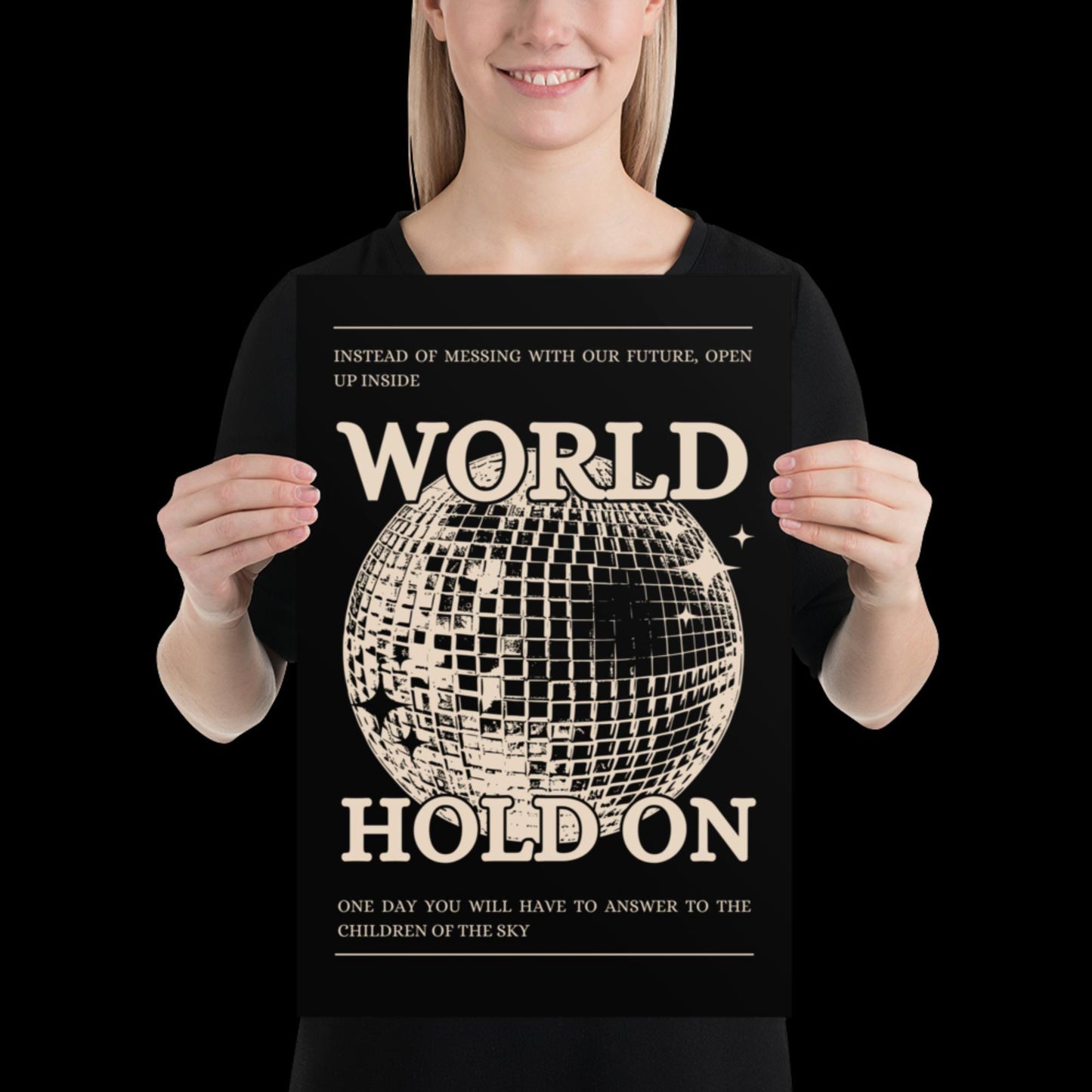 World Hold On Black and Beige Disco Ball Wall Print - Ibiza Colourful Funny Colourful Birthday House Music Gift Unique Funky Cocktail