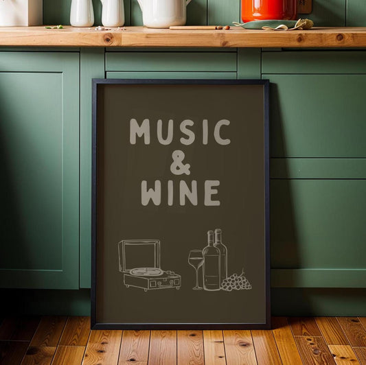 Music and Wine Khaki Green Wall Print -  Ibiza Colourful Funny Cute Birthday Art Gift Unique Funky House Music Poster Lyrics Kitchen