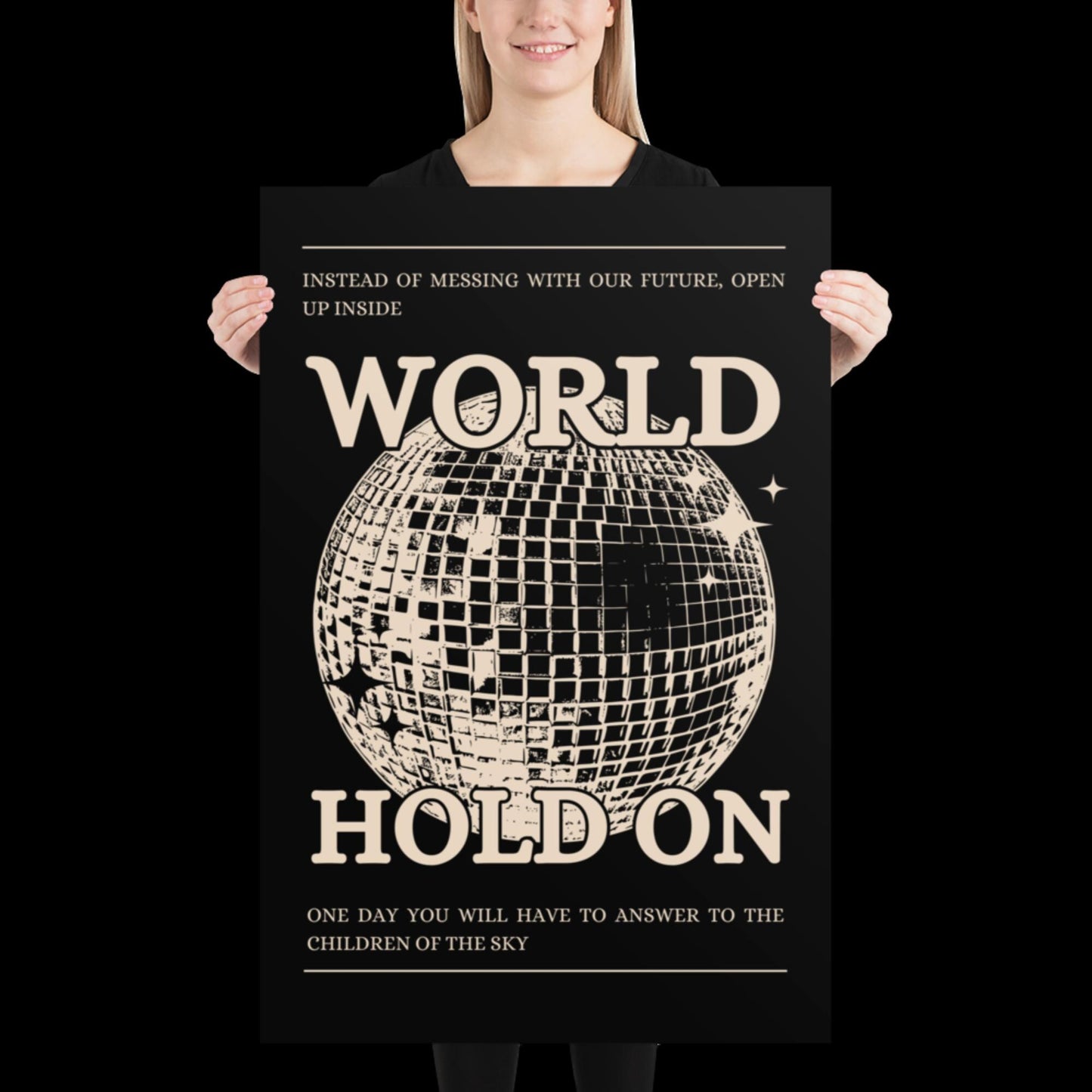 World Hold On Black and Beige Disco Ball Wall Print - Ibiza Colourful Funny Colourful Birthday House Music Gift Unique Funky Cocktail