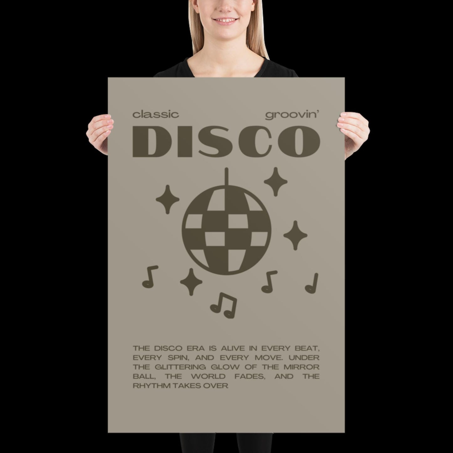 Disco Graphic Khaki Grey Monochrome Wall Print - Ibiza Colourful Funny Cute Birthday Art Gift Unique Funky House Music Poster Lyrics