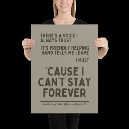 I Can't Stay Forever Beige Silver Wall Print - Ibiza Colourful Funny Cute Birthday Art Gift Unique Funky House Music Poster Lyrics
