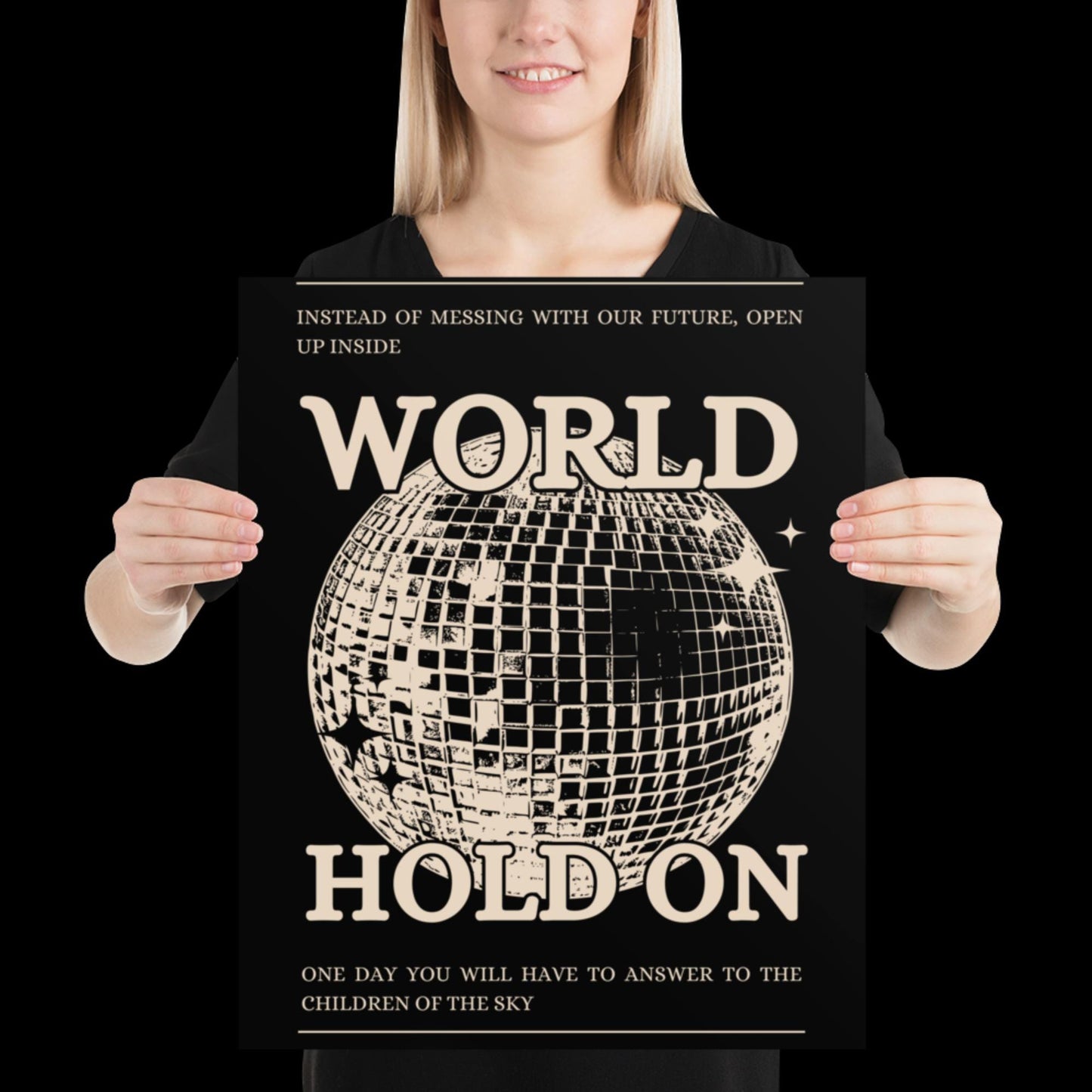 World Hold On Black and Beige Disco Ball Wall Print - Ibiza Colourful Funny Colourful Birthday House Music Gift Unique Funky Cocktail