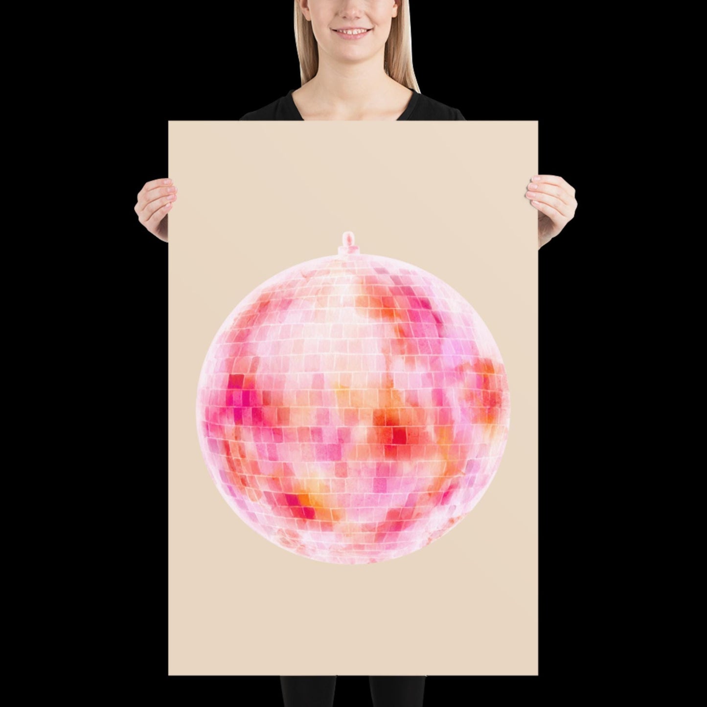 Watercolour Pink Disco Ball Wall Print - Fruit Ibiza Colourful Funny Cute Birthday Christmas Gift Unique Printed Cowboy Leopard