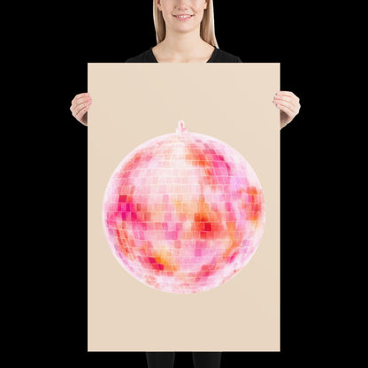 Watercolour Pink Disco Ball Wall Print - Fruit Ibiza Colourful Funny Cute Birthday Christmas Gift Unique Printed Cowboy Leopard
