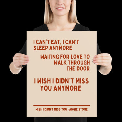 Wish I Didn't Miss You Angie Stone Inspired Print - Beige and Red - Lyric Ibiza Bold Typographic Colourful House Music Poster Groovy Disco