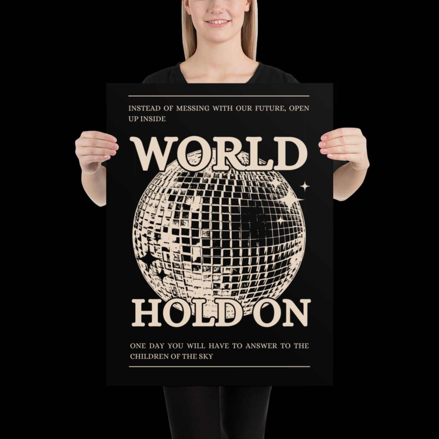 World Hold On Black and Beige Disco Ball Wall Print - Ibiza Colourful Funny Colourful Birthday House Music Gift Unique Funky Cocktail
