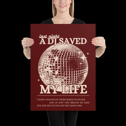 Last Night a DJ Saved My Life Red and Beige Wall Print - Ibiza Colourful Funny Cute Birthday Christmas Gift Unique Leopard Disco Ball