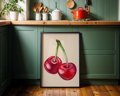Watercolour Cherries Wall Print - Fruit Ibiza Colourful Funny Cute Birthday Christmas Gift Unique Printed Cowboy Leopard