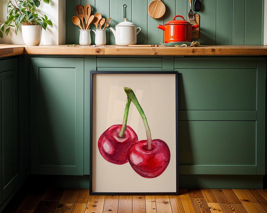 Watercolour Cherries Wall Print - Fruit Ibiza Colourful Funny Cute Birthday Christmas Gift Unique Printed Cowboy Leopard