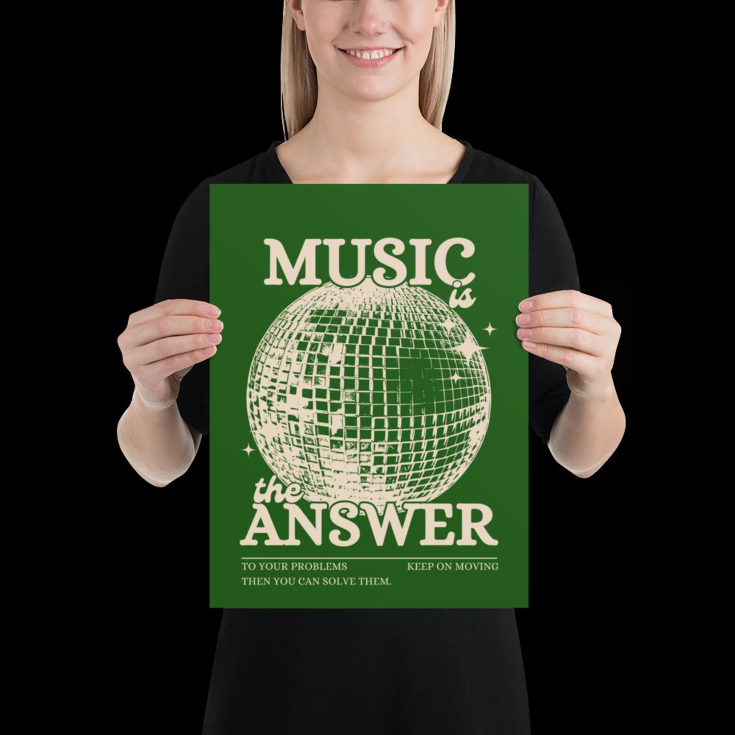 Music is the Answer Green Khaki Disco Ball Wall Print -  Ibiza Colourful Funny Cute Birthday Art Gift Unique Funky House Music Poster