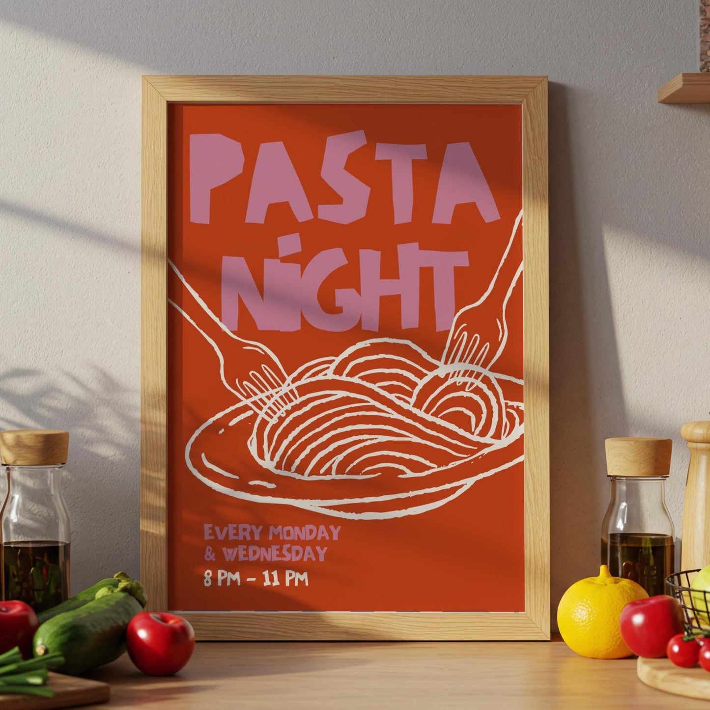 Pasta Night Wall Art Poster • Pink and Orange • Pasta Print Poster • Minimalistic Kitchen Wall Art • Aesthetic • Trendy Wall Art