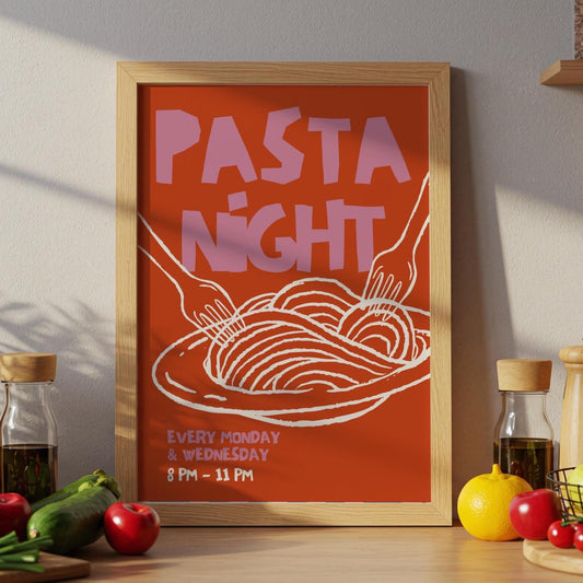 Pasta Night Wall Art Poster • Pink and Orange • Pasta Print Poster • Minimalistic Kitchen Wall Art • Aesthetic • Trendy Wall Art