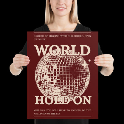World Hold On Cherry Red and Beige Disco Ball Wall Print - Ibiza Colourful Funny Cute Birthday House Music Gift Unique Art Poster Funky