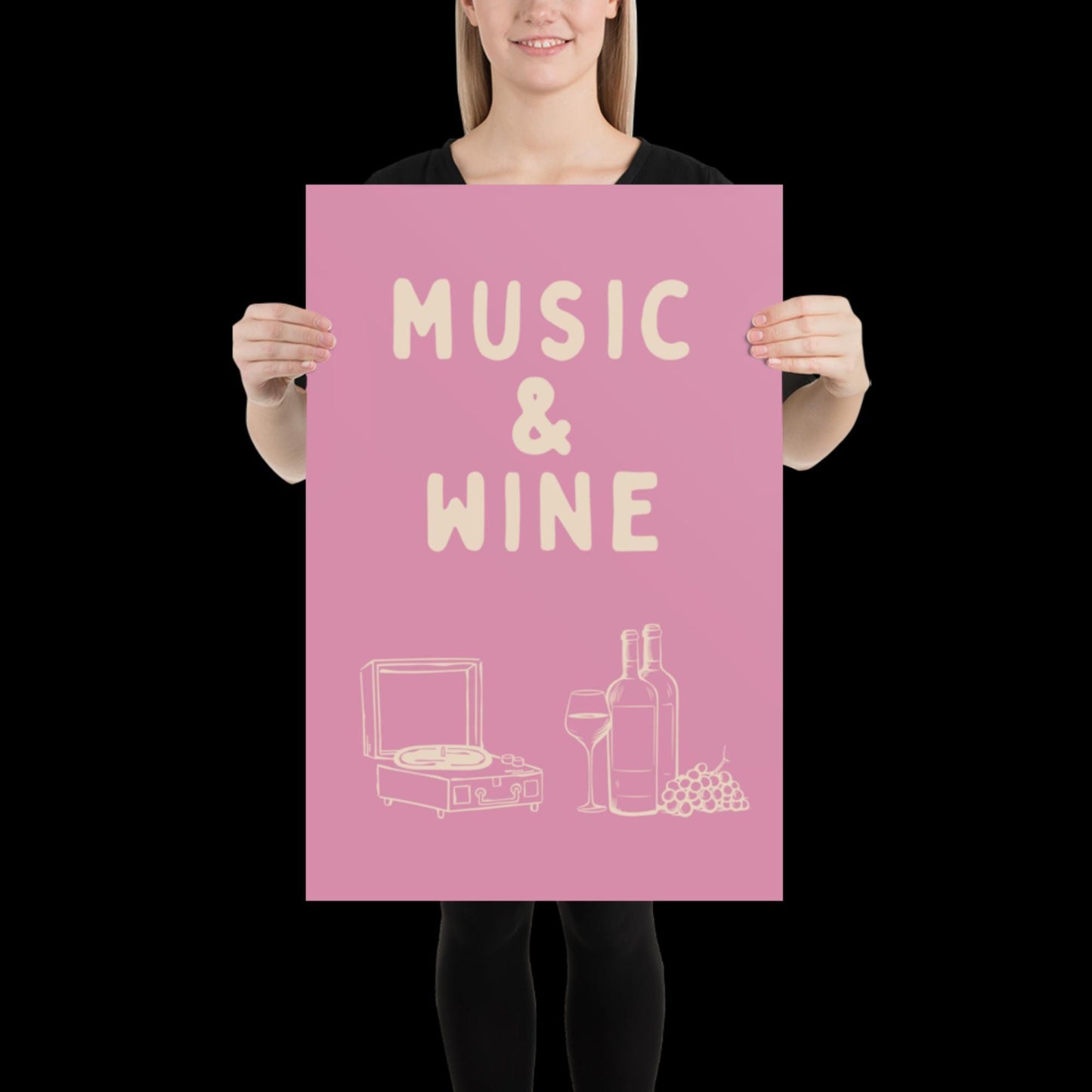 Music and Wine Pink and Beige Wall Print -  Ibiza Colourful Funny Cute Birthday Art Gift Unique Funky House Music Poster Lyrics Kitchen