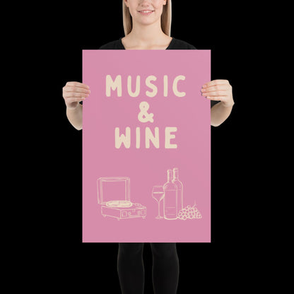 Music and Wine Pink and Beige Wall Print -  Ibiza Colourful Funny Cute Birthday Art Gift Unique Funky House Music Poster Lyrics Kitchen