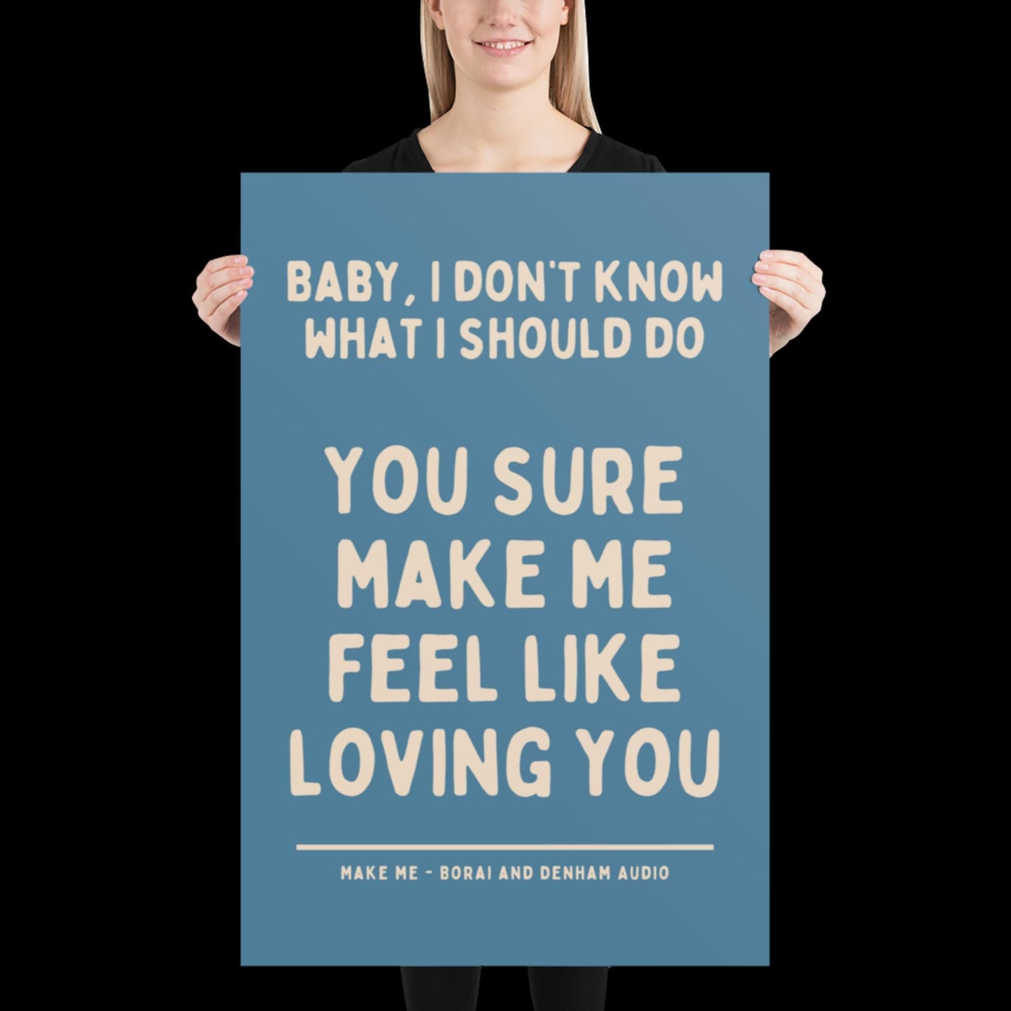 Make Me Inspired Blue and Beige Print - Borai Denham Audio Ibiza Bold Typographic Colourful House Music Poster Groovy Bar Disco Funky