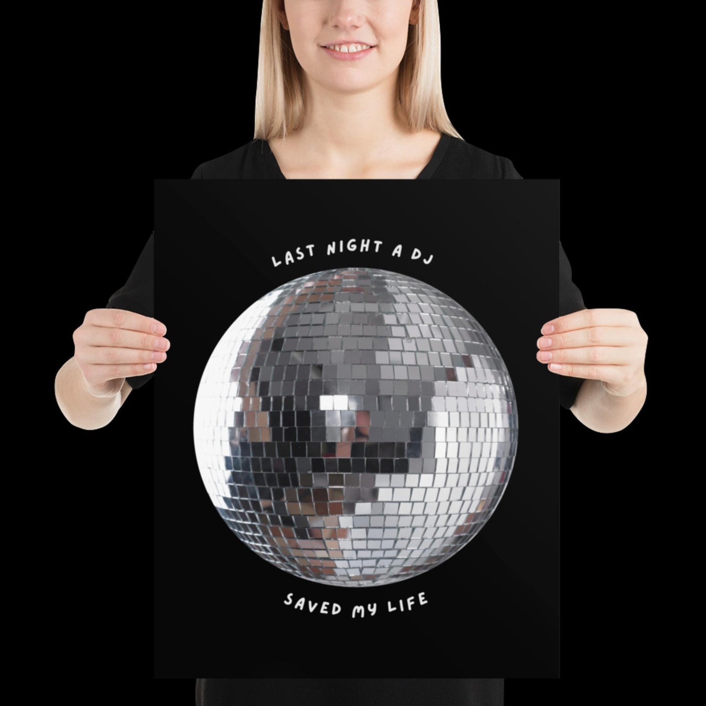 Last Night a DJ Saved My Life Black and White Disco Ball Print - Ibiza Retro Music Poster Wall Art A5 A4 A3 Bold Typographic Gallery