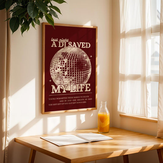 Last Night a DJ Saved My Life Red and Beige Wall Print - Ibiza Colourful Funny Cute Birthday Christmas Gift Unique Leopard Disco Ball