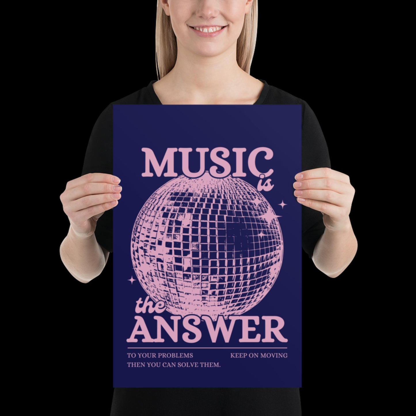 Music is the Answer Navy Blue and Pink Disco Ball Wall Print - Ibiza Colourful Funny Cute Birthday Christmas Gift Unique Leopard Cocktail