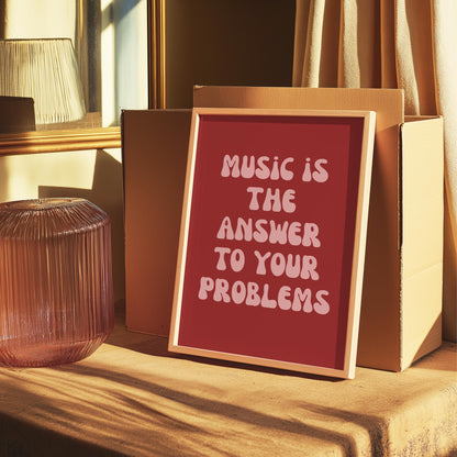 Music Is The Answer Lyrics 001 Red Wall Print - Ibiza Colourful Funny Cute Birthday Art Gift Unique Funky House Music Poster Disco