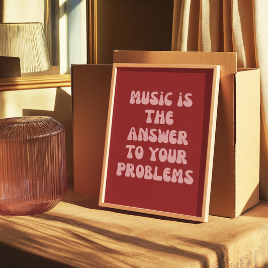 Music Is The Answer Lyrics 001 Red Wall Print - Ibiza Colourful Funny Cute Birthday Art Gift Unique Funky House Music Poster Disco