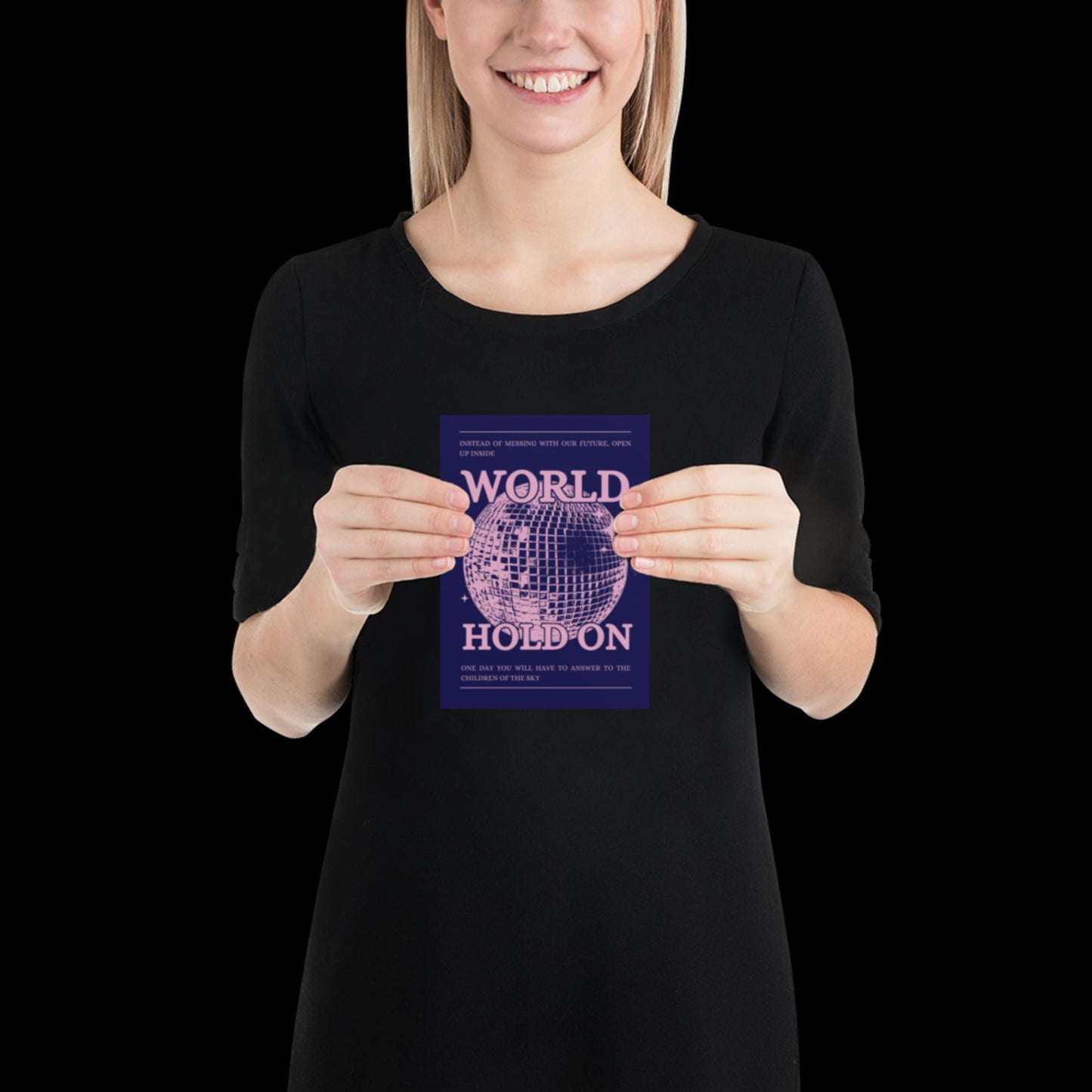 World Hold On Navy Blue and Pink Disco Ball Wall Print - Ibiza Colourful Funny Cute Birthday Christmas Gift Unique Leopard Cocktail