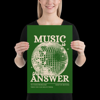 Music is the Answer Green Khaki Disco Ball Wall Print -  Ibiza Colourful Funny Cute Birthday Art Gift Unique Funky House Music Poster