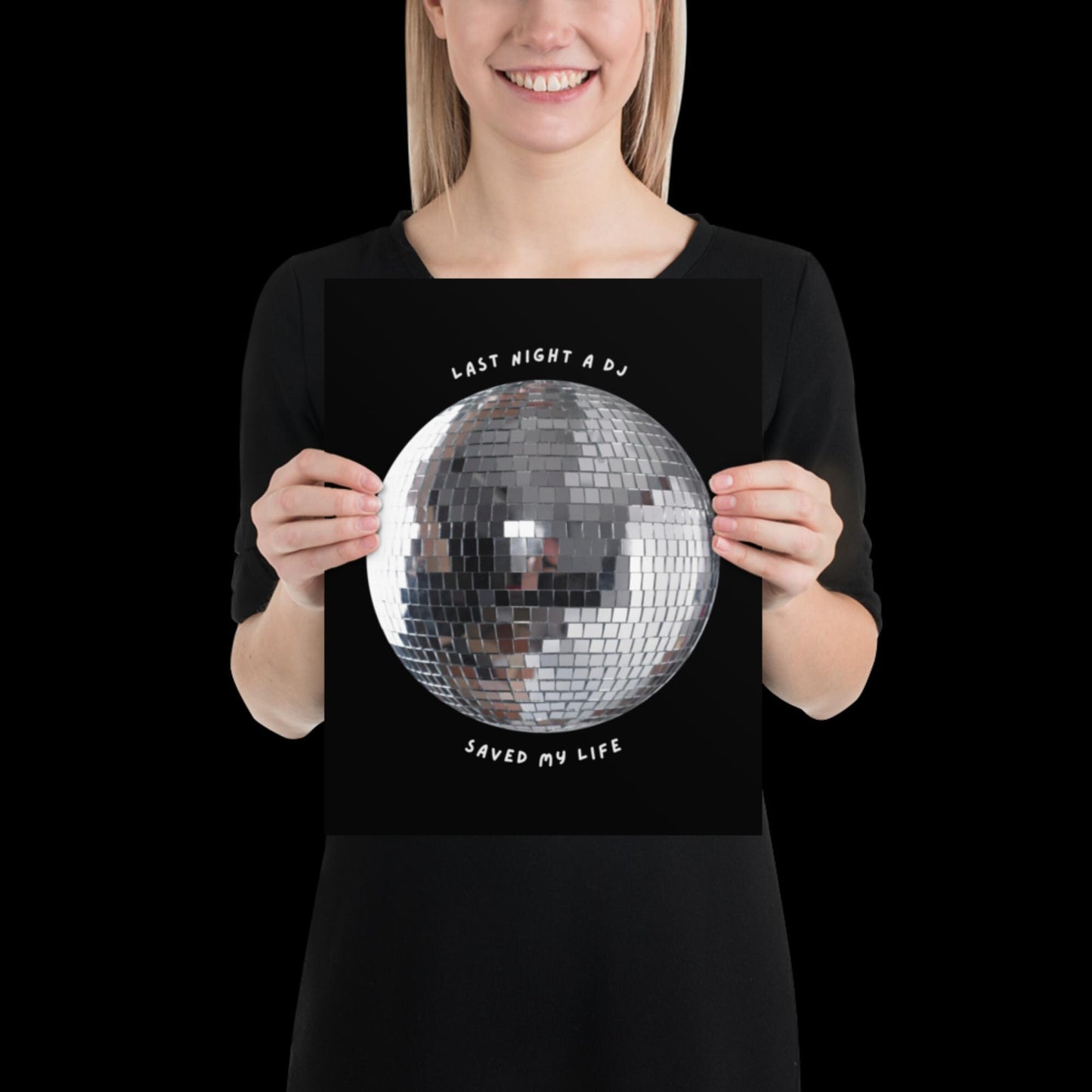 Last Night a DJ Saved My Life Black and White Disco Ball Print - Ibiza Retro Music Poster Wall Art A5 A4 A3 Bold Typographic Gallery