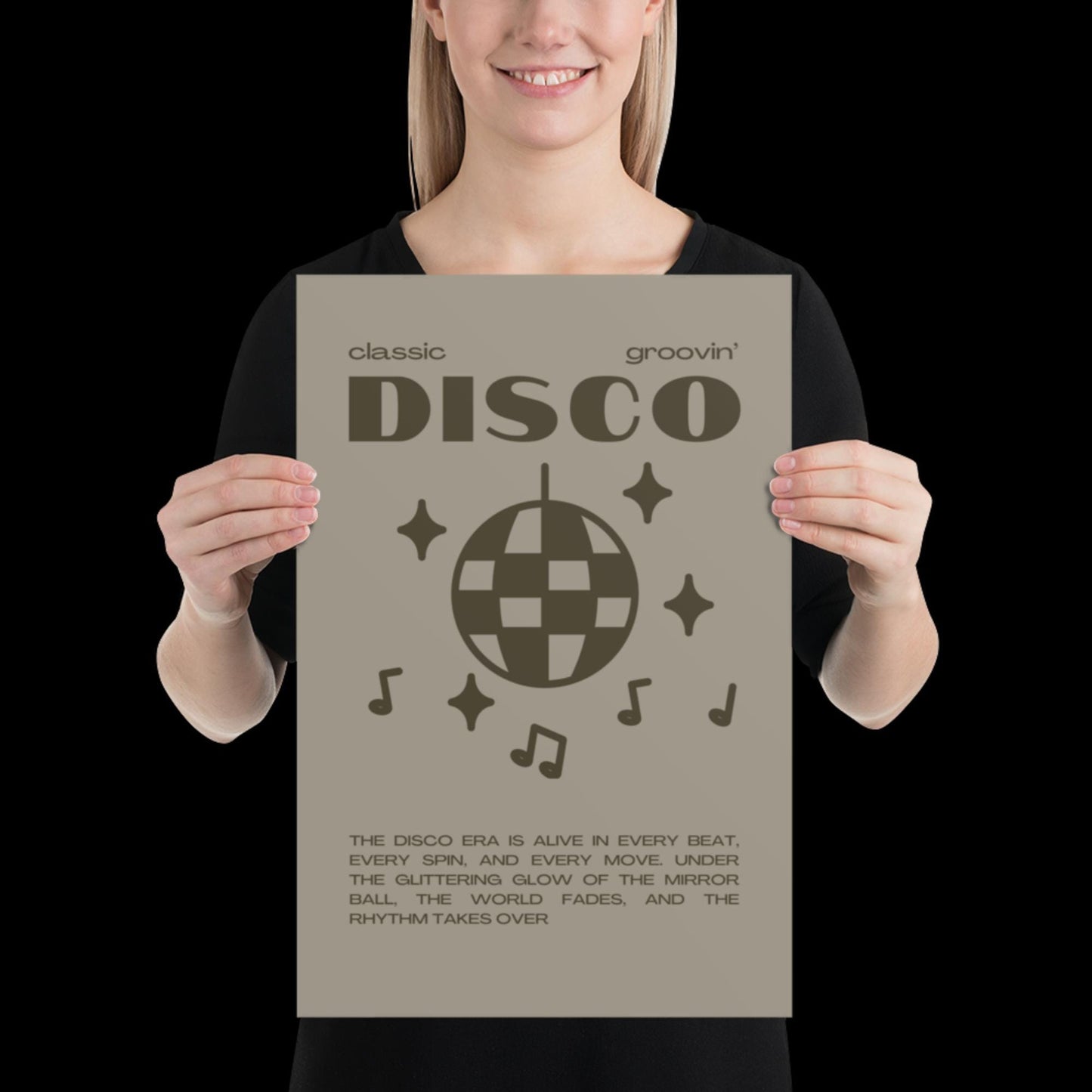 Disco Graphic Khaki Grey Monochrome Wall Print - Ibiza Colourful Funny Cute Birthday Art Gift Unique Funky House Music Poster Lyrics