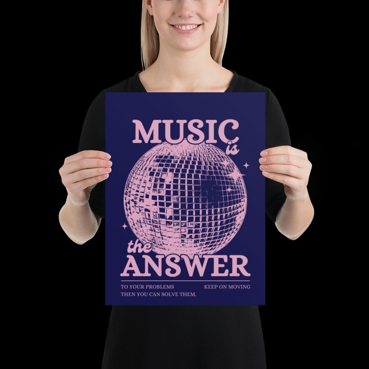Music is the Answer Navy Blue and Pink Disco Ball Wall Print - Ibiza Colourful Funny Cute Birthday Christmas Gift Unique Leopard Cocktail